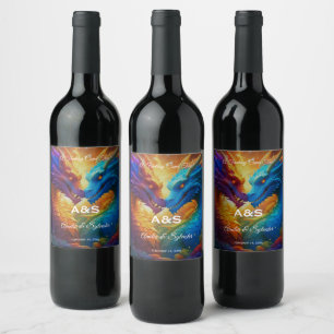 Colorful Dragons in Love Wedding Wine Label