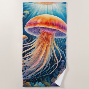 Colorful Drawing of Jelly Fish Beach Towel