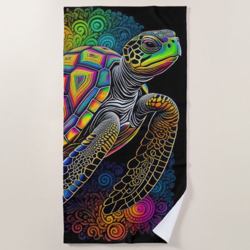 Colorful Drawing of Sea Turtle Beach Towel