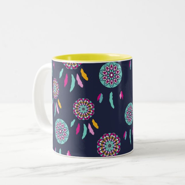 Colorful Dreamcatchers Dark Blue Two-Tone Coffee Mug (Front Left)