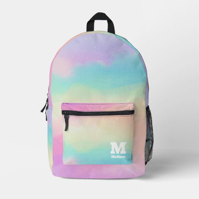 Colorful Dreamy Pastel Watercolor Monogram Name Printed Backpack (Front)