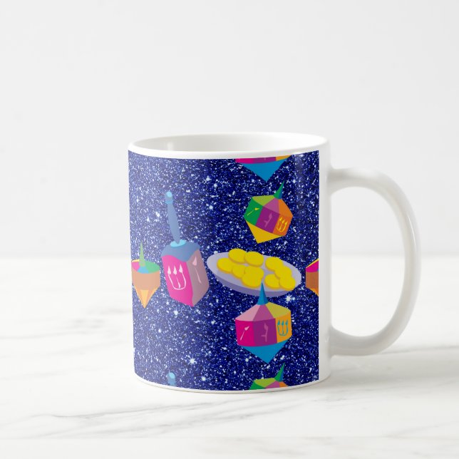 Colorful Dreidels Blue Faux Glitter Coffee Mug (Right)
