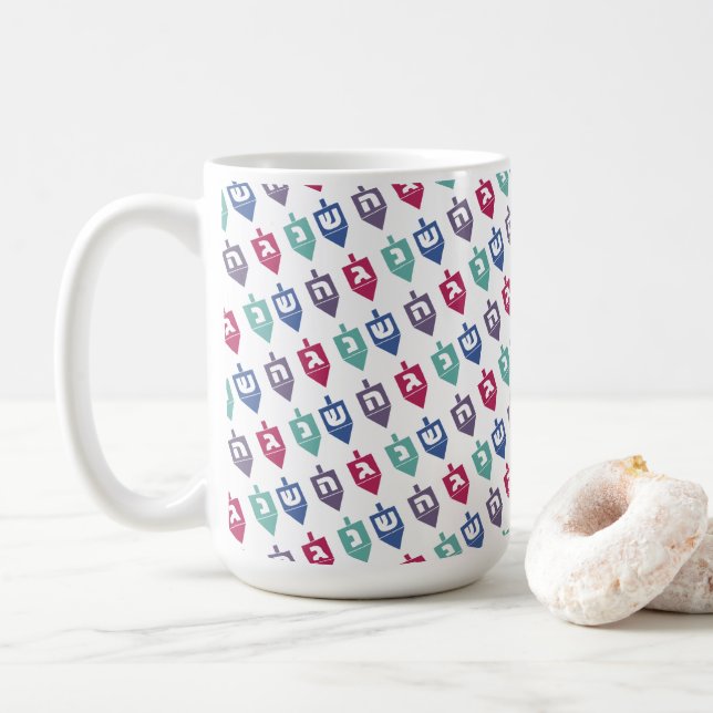 Colorful Dreidels Hanukkah Coffee Mug (With Donut)