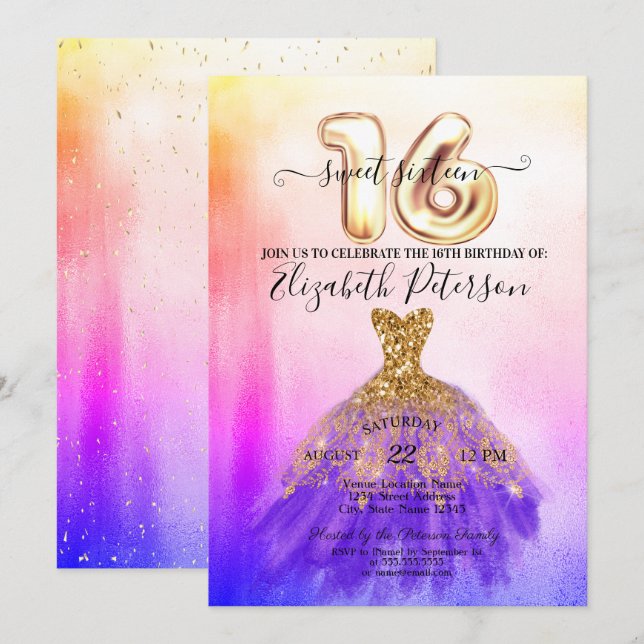 Colorful Dress Confetti Ombre Sweet 16  Invitation (Front/Back)