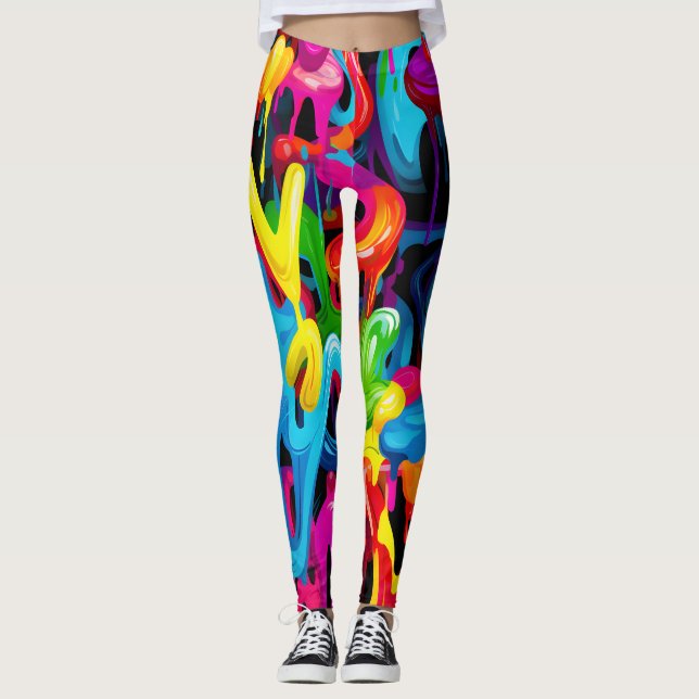 Colorful Drip Art: Abstract Graffiti Pattern Leggings (Front)