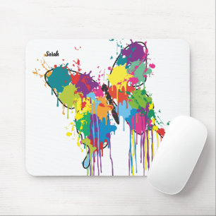 Colorful Drip-Paint Butterfly Mousepad w/ Name