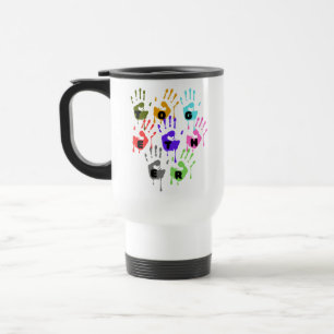 Colorful Dripping Handprints Forming Word Together Travel Mug