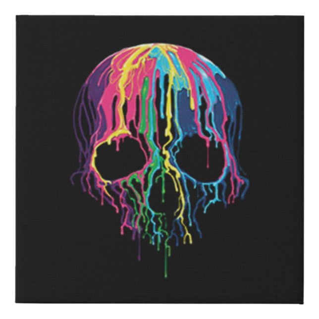 Colorful Drippy Skull Faux Wrapped Canvas Print (Front)