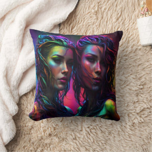 Colorful Dual Portrait of Women With Curly Hair Throw Pillow