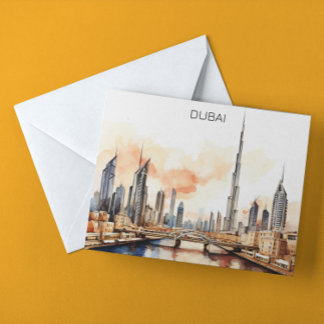 Colorful Dubai UAE Watercolor Postcard