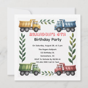 Colorful Dump Trucks 4th. Birthday Party Invitation
