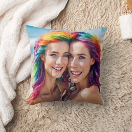 Colorful Duo With Vibrant Hair at the Beach Throw Pillow