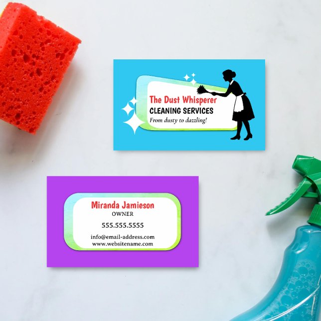 Colorful Dusting Maid Professional Cleaning Busine Business Card (Colorful and retro dusting maid professional cleaning business card front and back.)