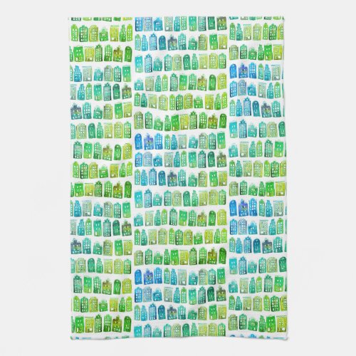 Colorful Dutch Houses Amsterdam Pattern Green Blue Kitchen Towel