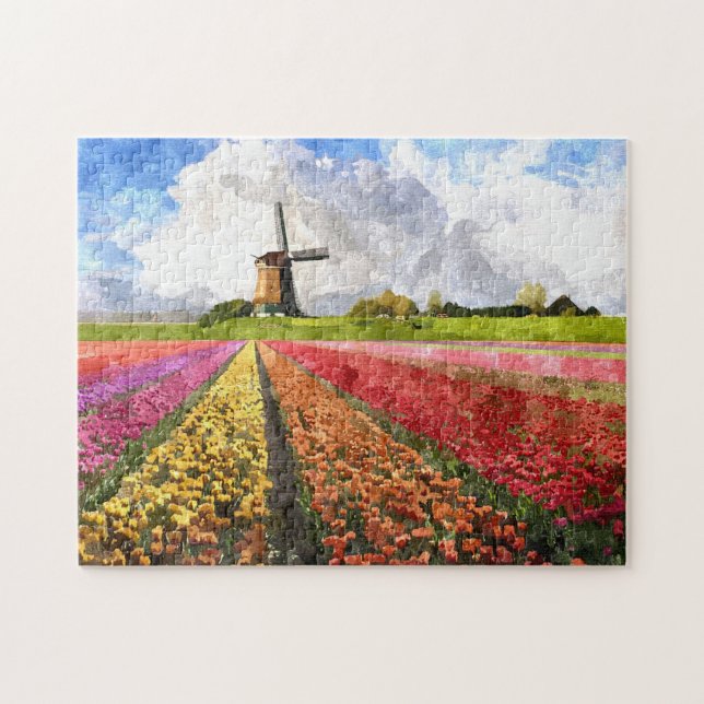 Colorful Dutch Tulips Flower Fields Watercolor Art Jigsaw Puzzle (Horizontal)