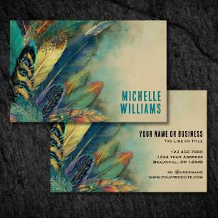 Colorful Earthy Boho Feathers Turquoise Teal Business Card