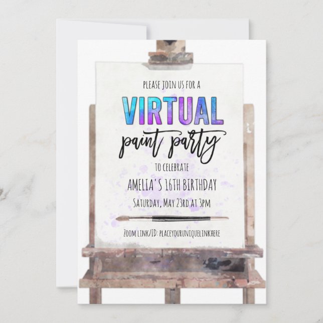 Colorful Easel Virtual Paint Party 16th Birthday Invitation (Front)