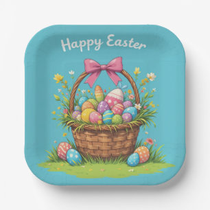 Colorful Easter Basket with Eggs Festive Paper Plates