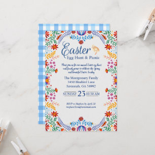 Colorful Easter Blue Gingham Egg Hunt Invitation