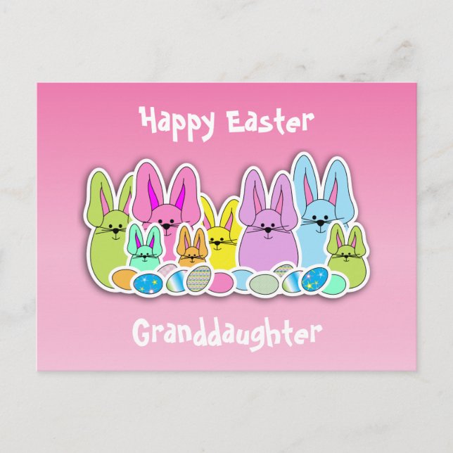 Colorful Easter Bunnies and Eggs Holiday Postcard (Front)