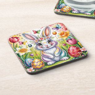 Colorful Easter Bunny Illustration with Crown Beverage Coaster