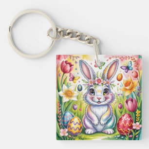 Colorful Easter Bunny Illustration with Crown Keychain
