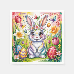 Colorful Easter Bunny Illustration with Crown  Napkins