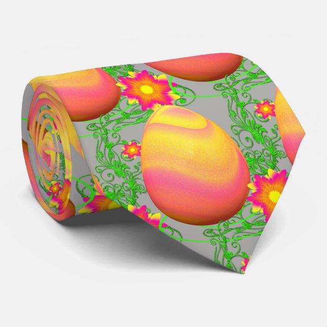 Colorful Easter Egg And Flowers On Grey Neck Tie (Rolled)