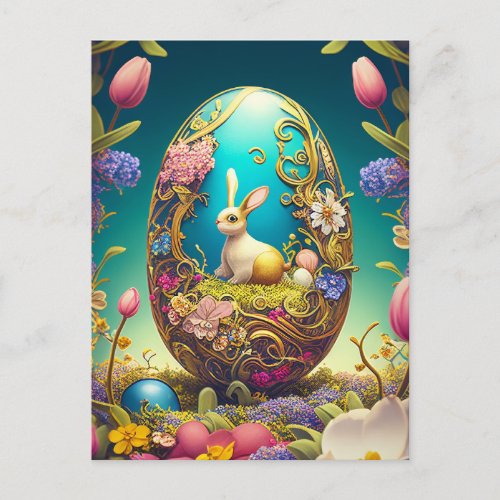 Colorful Easter Egg Bunny and Spring Flowers Postcard