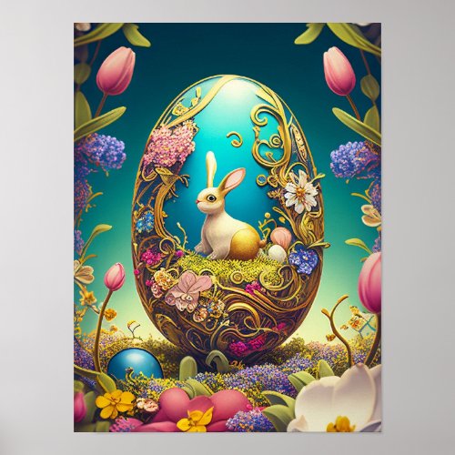 Colorful Easter Egg Bunny and Spring Flowers Poster