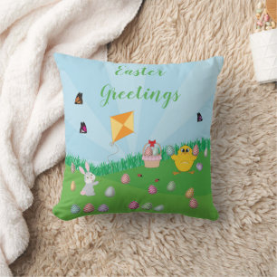 Colorful Easter Egg Hunt Bunny Chick  Throw Pillow