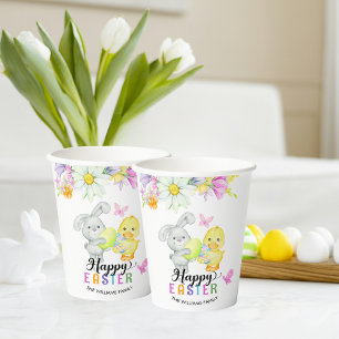 Colorful Easter Egg Hunt Cute Bunny & Chick Floral Paper Cups