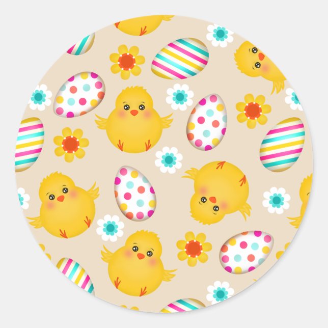 Colorful Easter Eggs and Chicks Pattern Classic Round Sticker (Front)