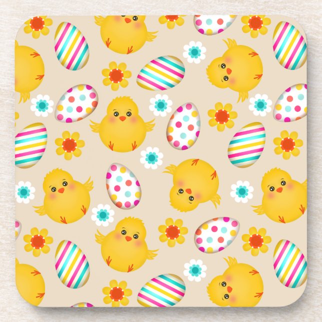 Colorful Easter Eggs and Chicks Pattern Coaster (Front)
