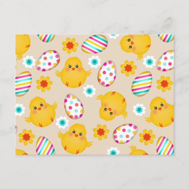 Colorful Easter Eggs and Chicks Pattern Holiday Postcard (Front)