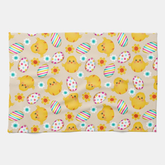 Colorful Easter Eggs and Chicks Pattern Kitchen Towel (Horizontal)