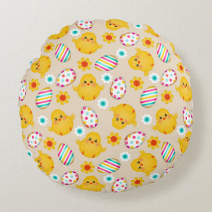 Colorful Easter Eggs and Chicks Pattern Round Pillow