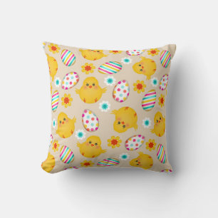 Colorful Easter Eggs and Chicks Pattern Throw Pillow