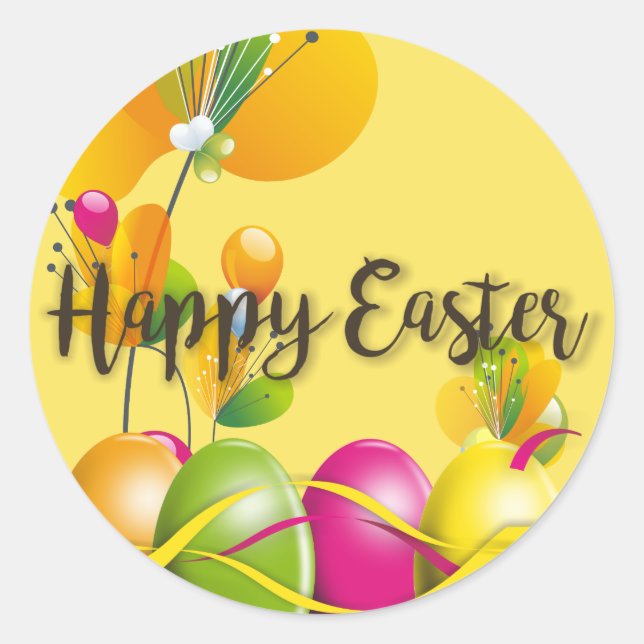 Colorful Easter Eggs and Flowers Classic Round Sticker (Front)