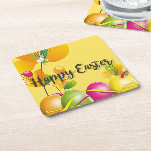 Colorful Easter Eggs and Flowers Square Paper Coaster (Angled)