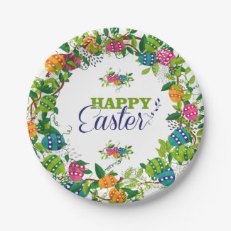 Colorful Easter Eggs And Flowers Wreath Paper Plate