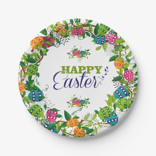 Colorful Easter Eggs And Flowers Wreath Paper Plates