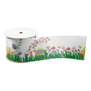 Colorful Easter Eggs and Spring Flowers Satin Ribbon