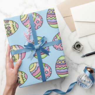 Colorful Easter Eggs. Blue Background. Wrapping Paper