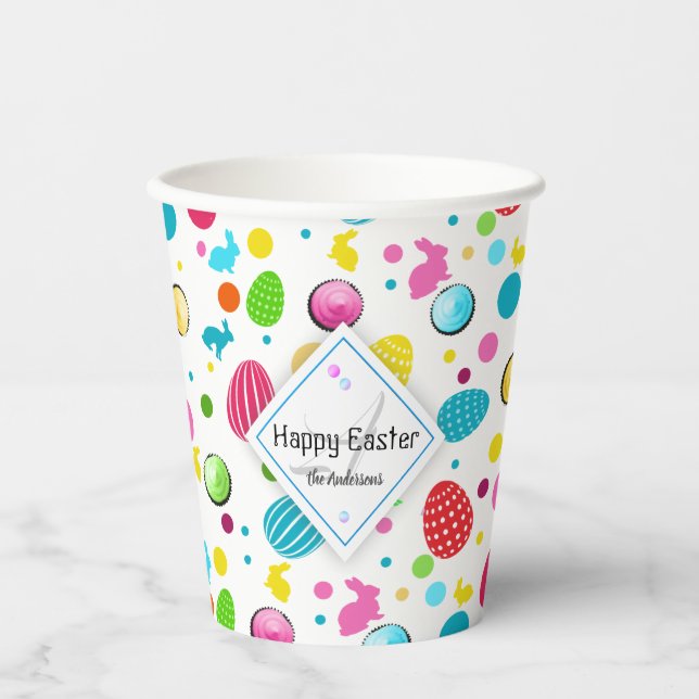 Colorful Easter Eggs, Bunnies, Cupcake Monogrammed Paper Cups (Front)