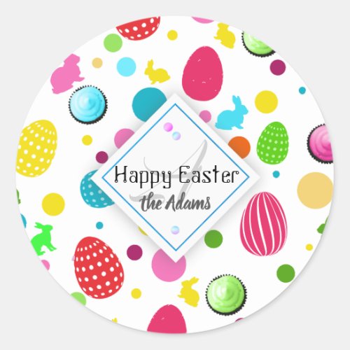 Colorful Easter Eggs  Bunnies Cupcakes Monogram Classic Round Sticker