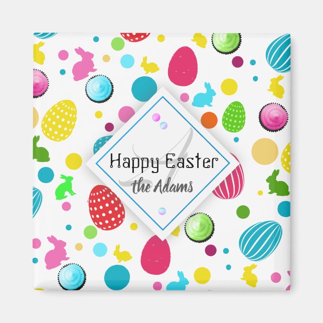 Colorful Easter Eggs , Bunnies, Cupcakes Monogram Magnet (Front)