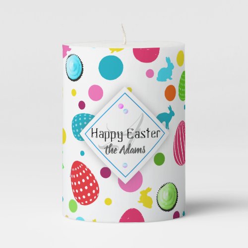 Colorful Easter Eggs  Bunnies Cupcakes Monogram Pillar Candle