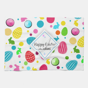 Colorful Easter Eggs , Bunnies, Cupcakes Monogram Towel