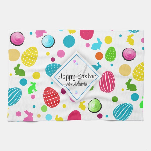 Colorful Easter Eggs , Bunnies, Cupcakes Monogram Towel (Horizontal)